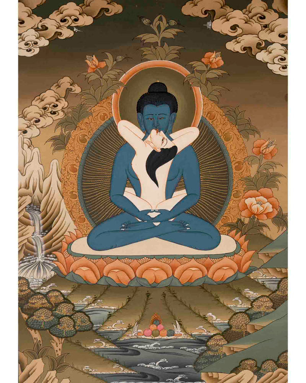 Harmony Unveiled: Samantabhadra Thangka featuring the Yab Yum Buddha in Religious Buddhist Art