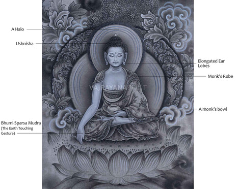 Traditional Siddhartha Gautama Drawing On Canvas | Nepali Pauba Painting Print Of Historical Buddha