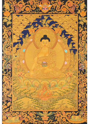 Shakyamuni Buddha Gold Thangka | Religious Tibetan Paint | Wall Decors