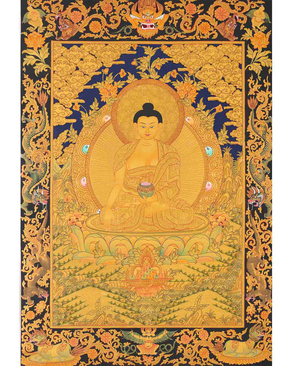 Shakyamuni Buddha Gold Thangka | Religious Tibetan Paint | Wall Decors