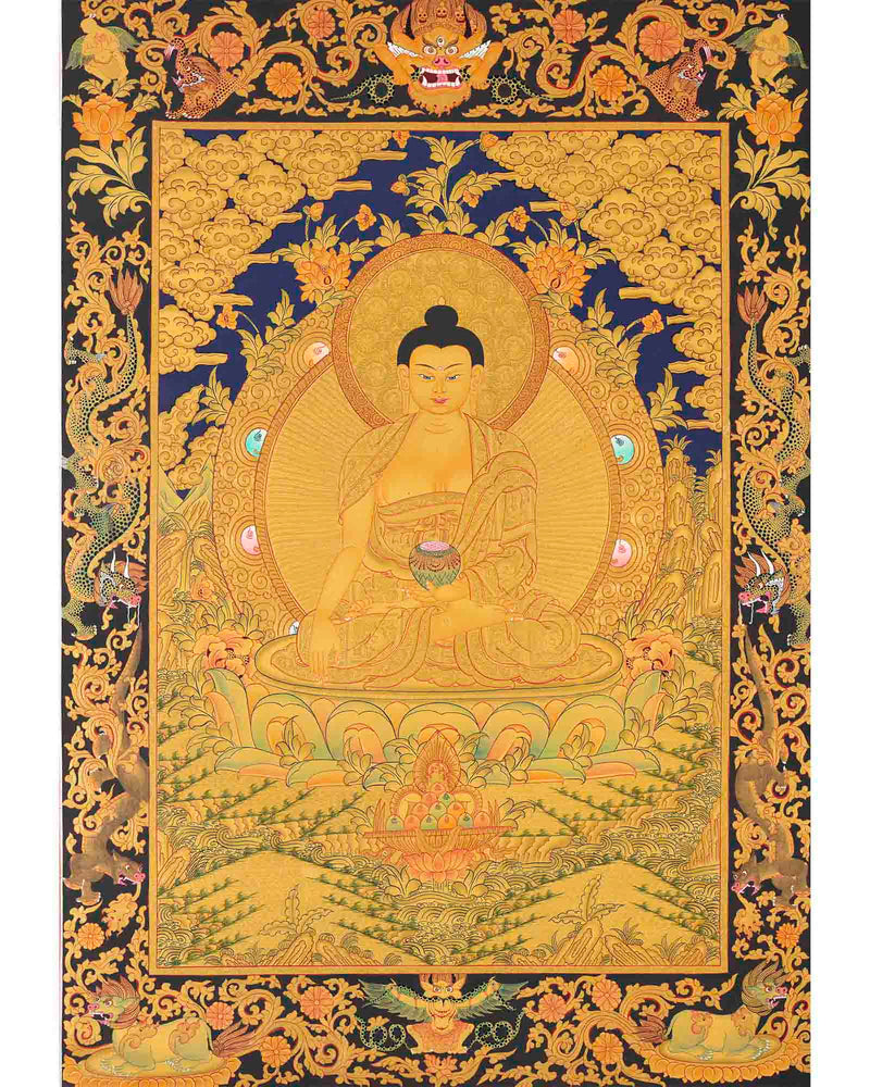 Shakyamuni Buddha Gold Thangka | Religious Tibetan Paint | Wall Decors