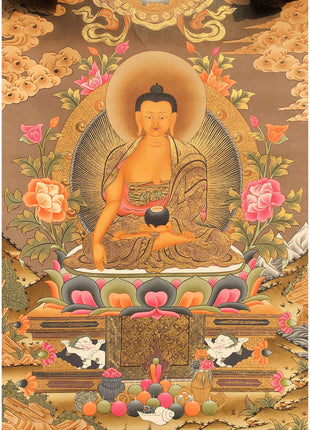 Shakyamuni Buddha Thangka Mounted on Brocade | Buddhist Hand Painted Art