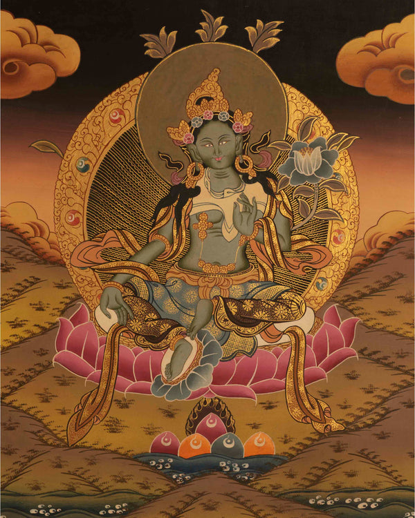 Small Green Tara Thangka | Religious Art For Wall Decor