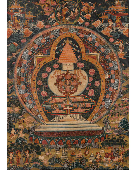 Stupa Thangka | Vintage Original hand painted Buddhist Art with brocade