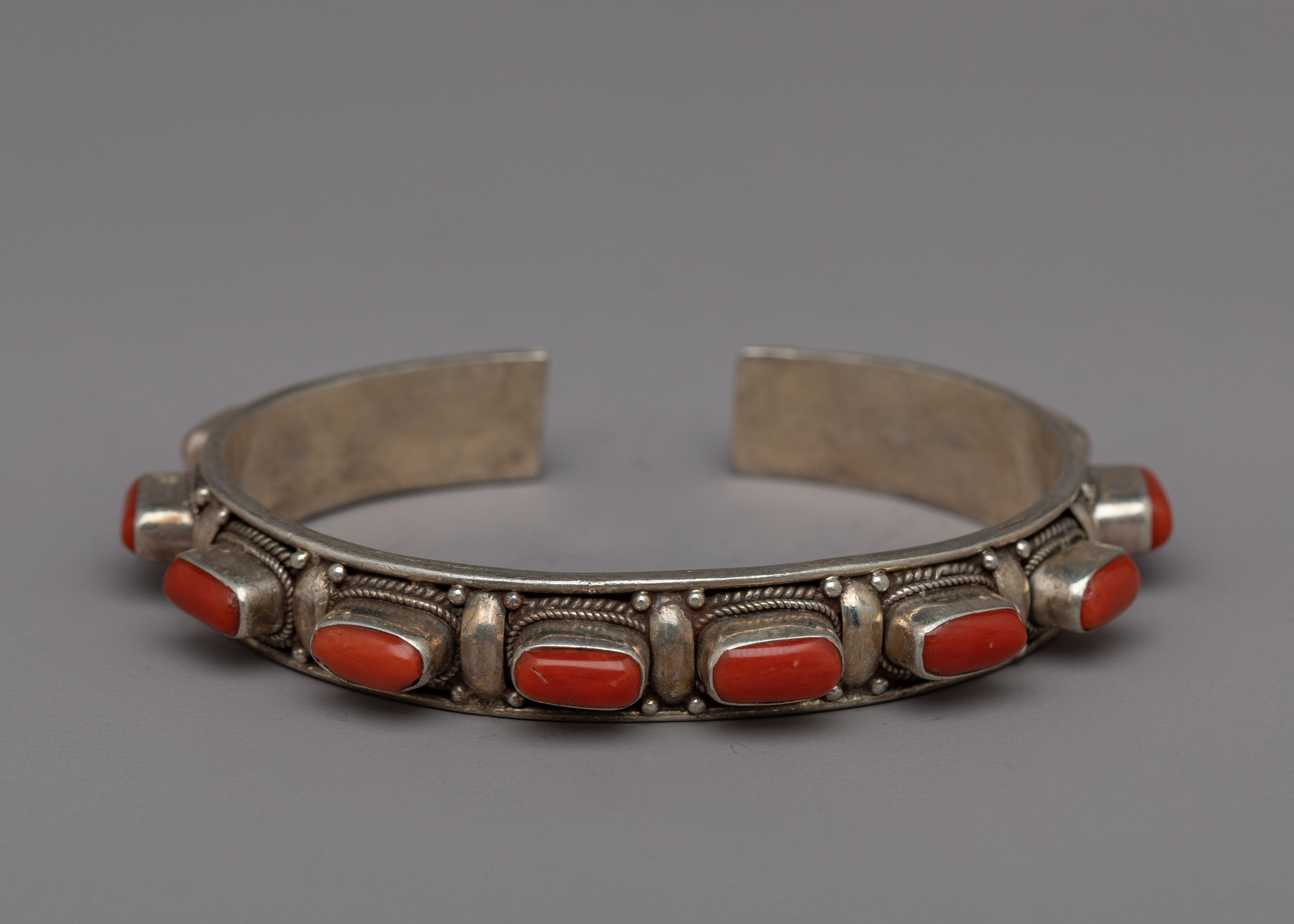Tibetan Buddhist Handcrafted Silver Bracelet | Natural Red Coral Stone Minimalist Silver Sacred Bracelet