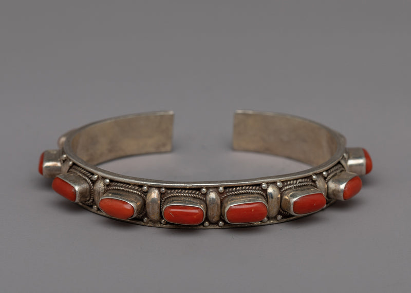 Tibetan Buddhist Handcrafted Silver Bracelet | Natural Red Coral Stone Minimalist Silver Sacred Bracelet