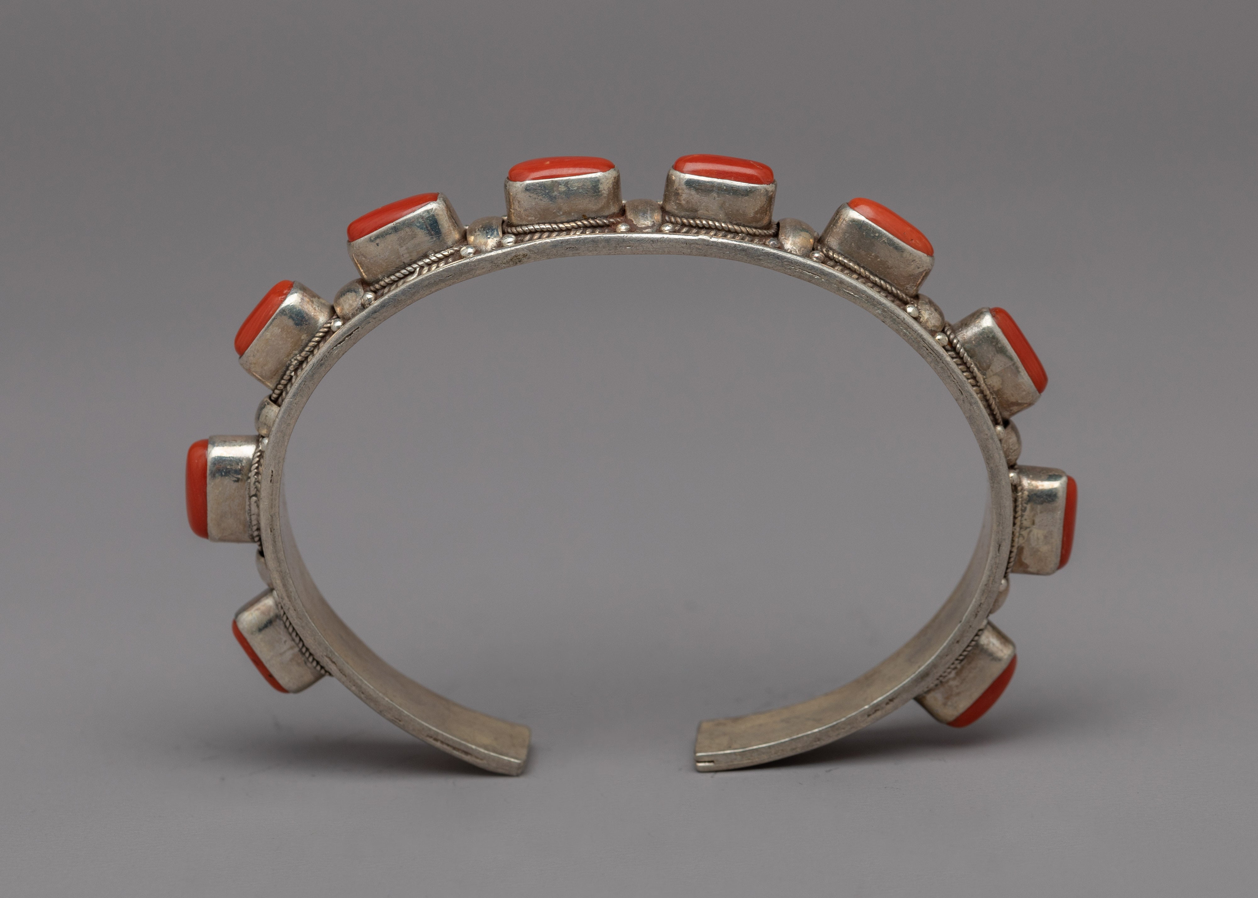 Tibetan Buddhist Handcrafted Silver Bracelet | Natural Red Coral Stone Minimalist Silver Sacred Bracelet