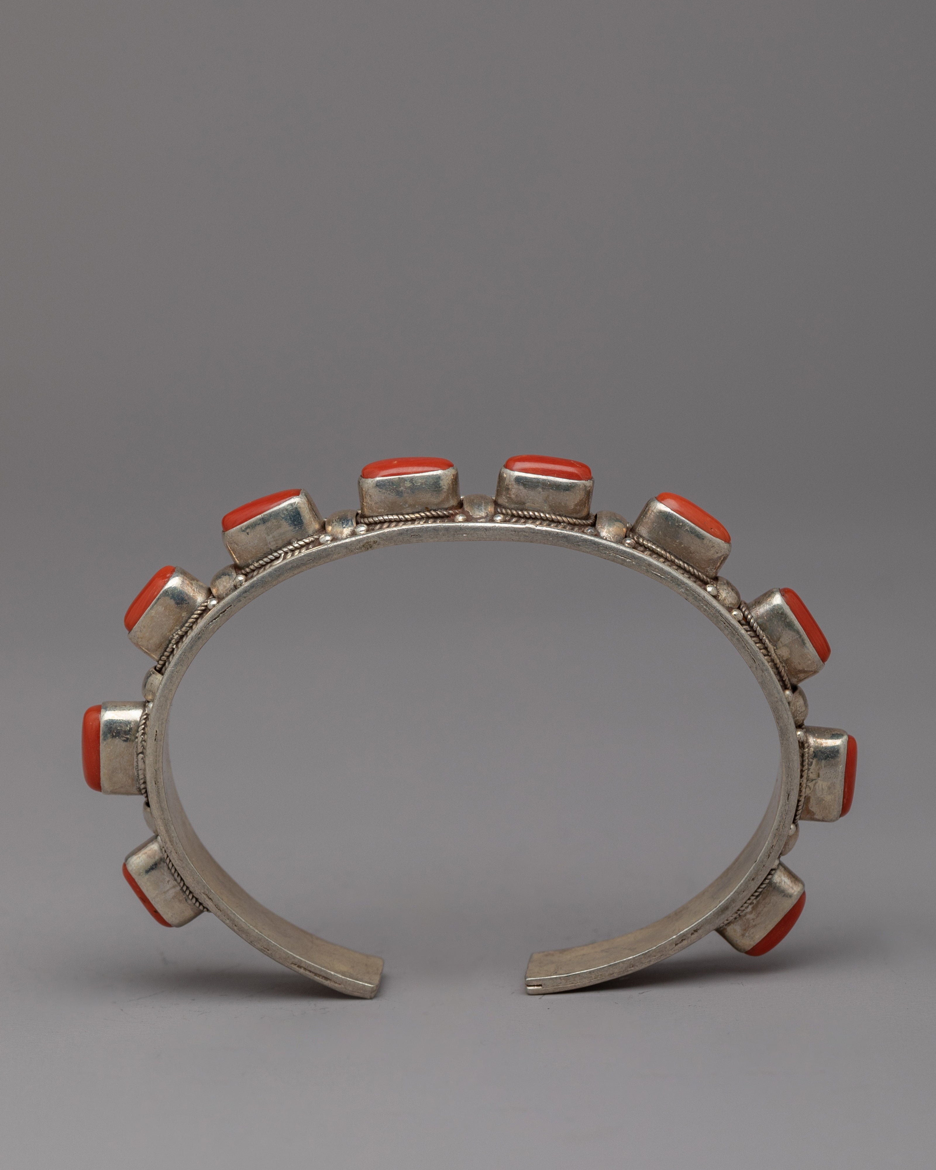 Tibetan Buddhist Handcrafted Silver Bracelet | Natural Red Coral Stone Minimalist Silver Sacred Bracelet
