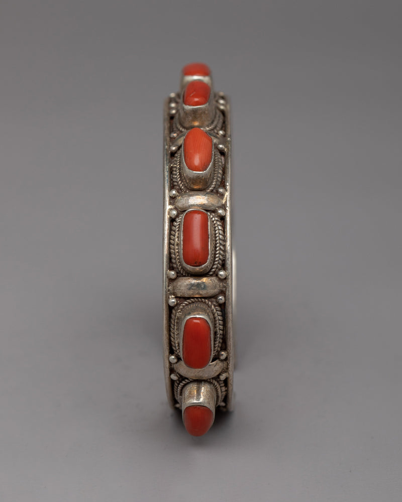 Tibetan Buddhist Handcrafted Silver Bracelet | Natural Red Coral Stone Minimalist Silver Sacred Bracelet