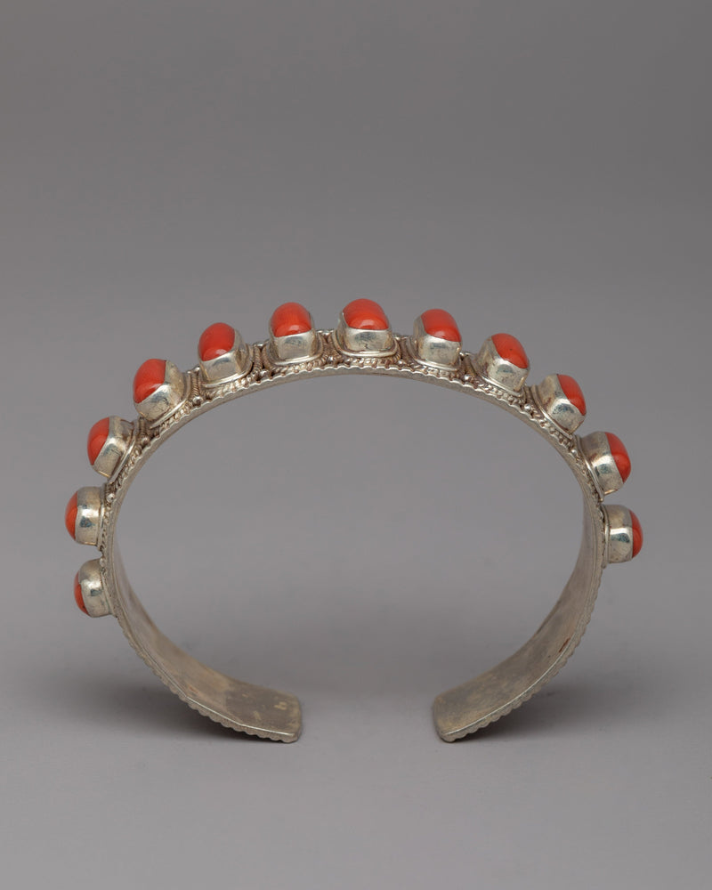 Tibetan Buddhist Bracelet with Red Coral Stone | Sacred Symbol of Strength and Protection