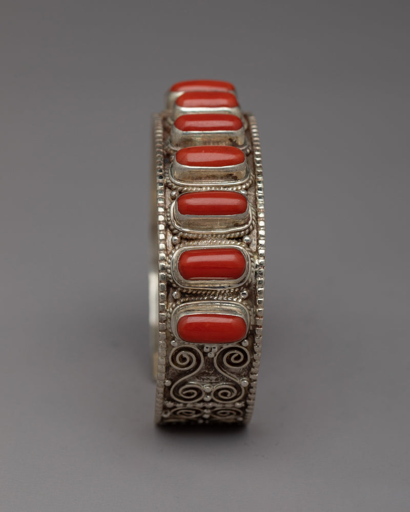 Tibetan Buddhist Bracelet with Red Coral Stone | Sacred Symbol of Strength and Protection