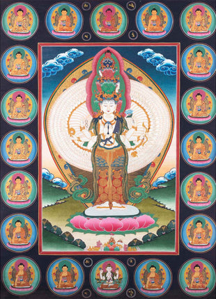 Avalokiteshvara Original Handmade Tibetan Thangka | Small Size Wall Decoration Painting
