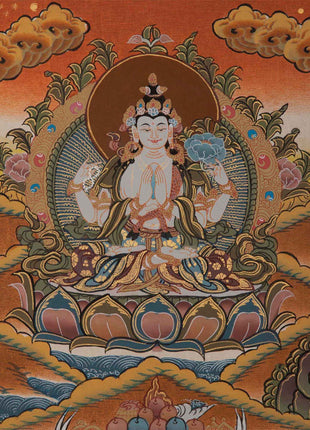 Tibetan Chengrezig Thangka | Original Wall Hanging Hand Paint