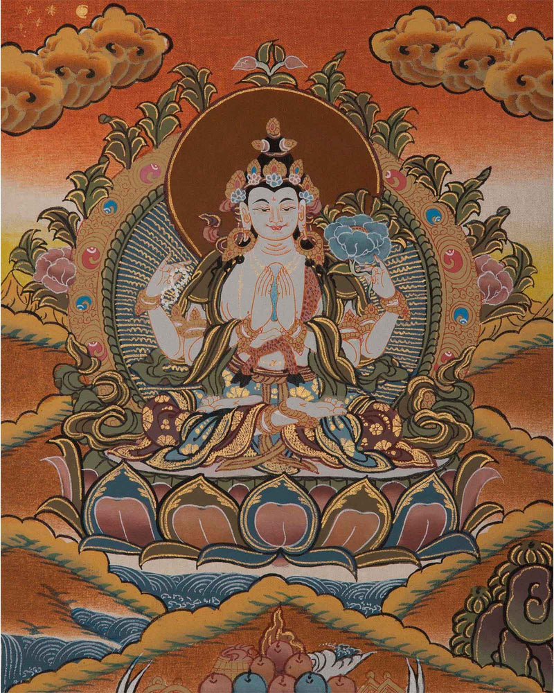 Tibetan Chengrezig Thangka | Original Wall Hanging Hand Paint