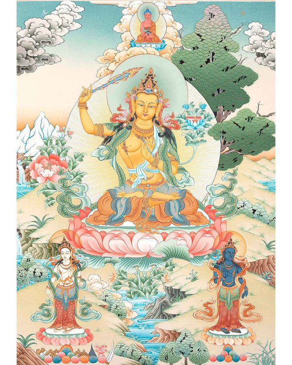 Tibetan Manjushree Thangka | Bodhisattva of Wisdom and Power | Wall Hanging Decors