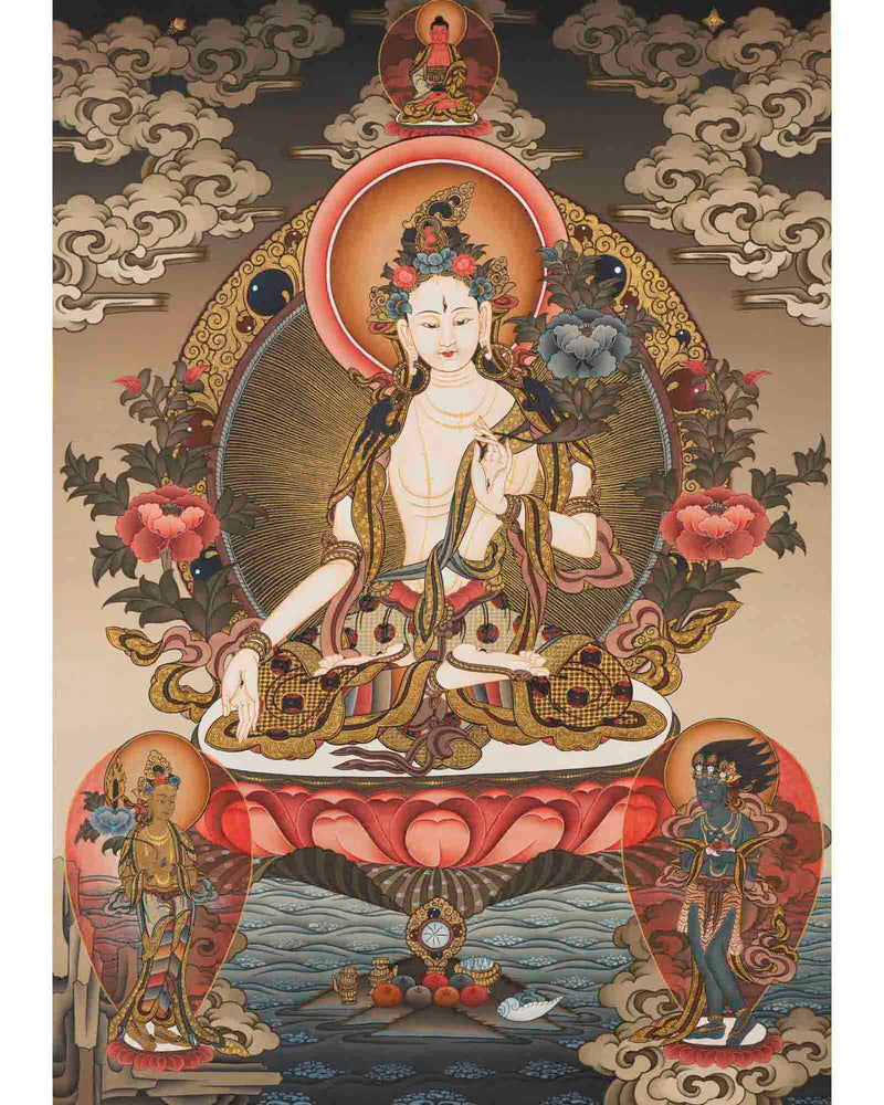 Tibetan White Tara Thangka | Female Bodhisattva Art | Wall Decors