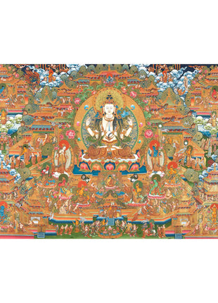 Traditional 4 Armed Chengrezig Buddha | Horizontal Original Thangka Painting | 24K Gold Work