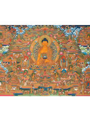 Traditional Shakyamuni Buddha Thangka | Large Traditional Panoramic Wall Art To Aid Meditation Yoga | 24 K Gold Artwork
