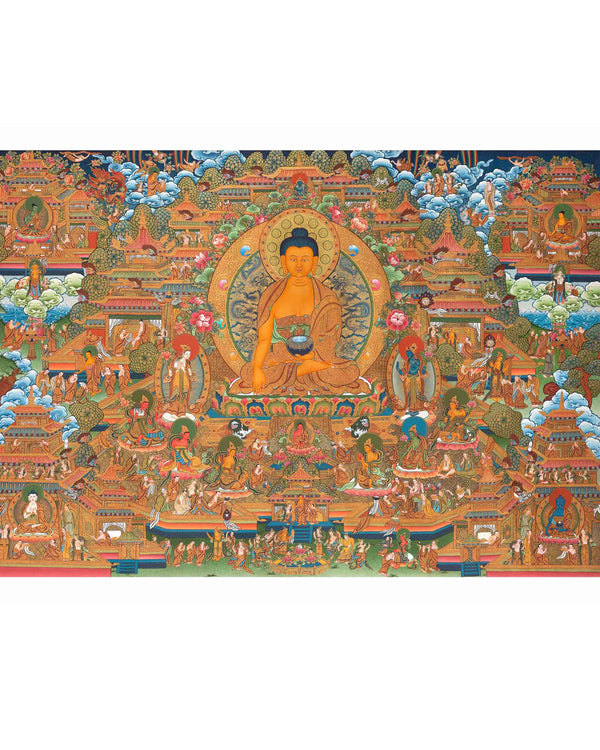 Traditional Shakyamuni Buddha Thangka | Large Traditional Panoramic Wall Art To Aid Meditation Yoga | 24 K Gold Artwork