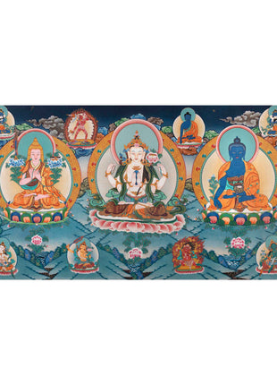 Tsongkhapa , Chengresig And Medicine Buddha Thangka Painting | Vajrayogini , Vajrasattva Yabyum , Manjushri , Green Tara | Horizontal Shaped
