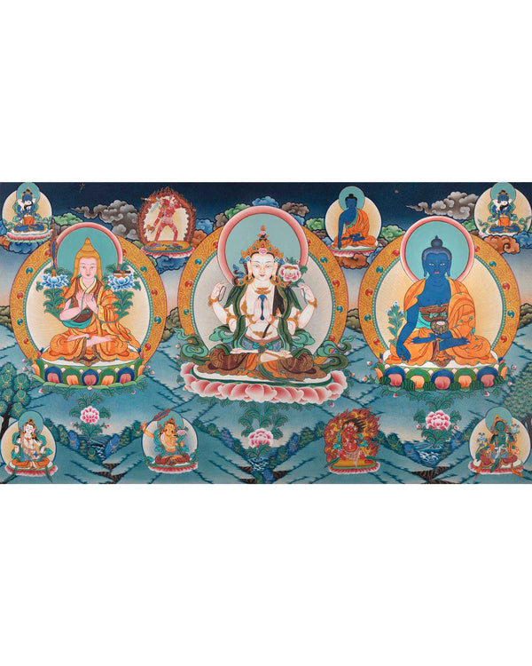 Tsongkhapa , Chengresig And Medicine Buddha Thangka Painting | Vajrayogini , Vajrasattva Yabyum , Manjushri , Green Tara | Horizontal Shaped