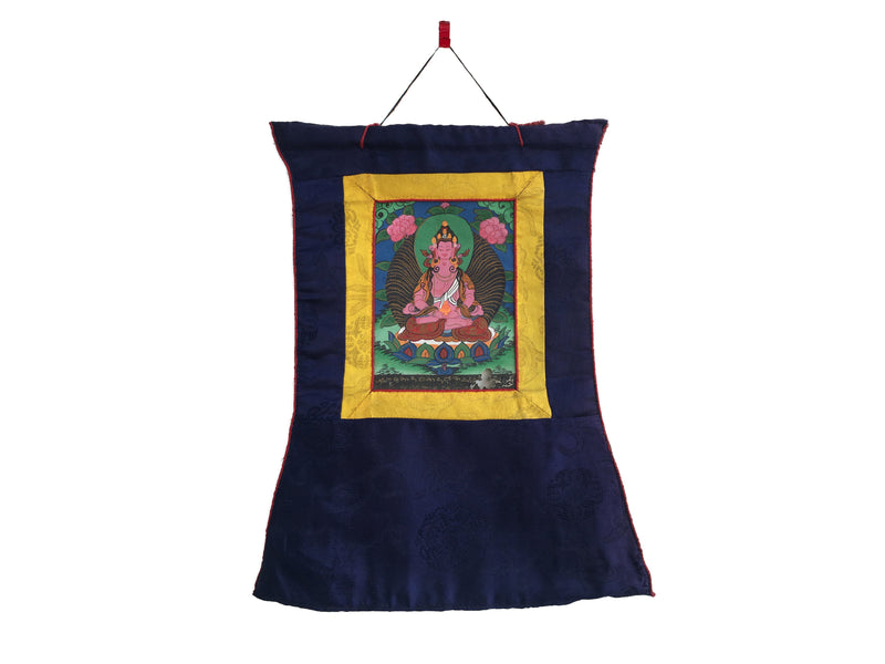 Vintage Small Amitayus Buddha Thangka with Silk Brocade | Buddhist Wall Hanging