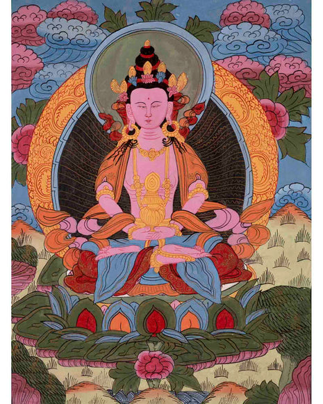 Vintage Amitayus Buddha Thangka | Religious Buddhist Art | Wall Decors