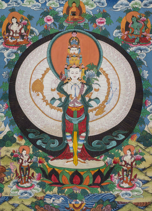 Vintage Arya Lokeshvara | Old Brocade mounted Chengrezig Thangka