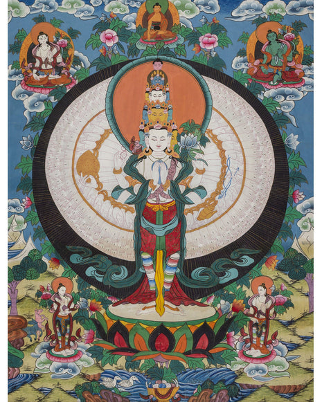 Vintage Arya Lokeshvara | Old Brocade mounted Chengrezig Thangka