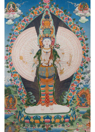 Vintage Avalokiteshvara Thangka | Manjushree, Vajrapani, White & Green Tara