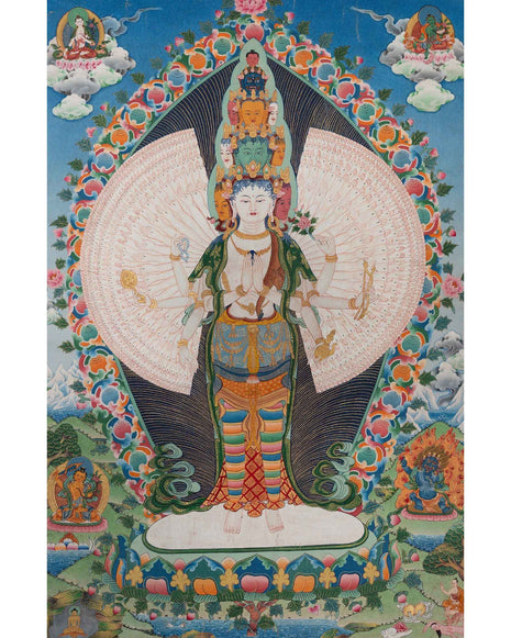 Vintage Avalokiteshvara Thangka | Manjushree, Vajrapani, White & Green Tara