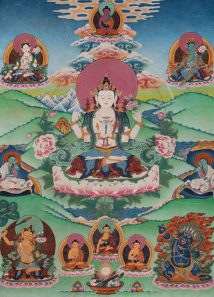 Original Vintage Chenrezig Thanka with Brocade | Traditional Thangka Art