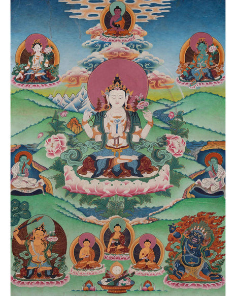 Original Vintage Chenrezig Thanka with Brocade | Traditional Thangka Art