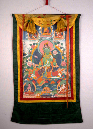 Vintage Green Tara Thangka | Hand Painted Thangka With Brocade