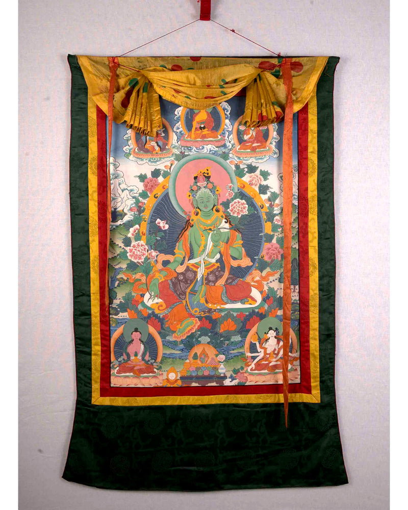 Vintage Green Tara Thangka | Hand Painted Thangka With Brocade