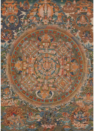 Vintage Mandala Thangka Painting | Tibetan Style Heavy Silk brocade with veil and Windties