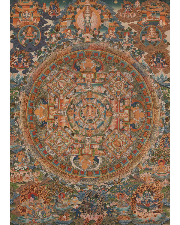 Vintage Mandala Thangka Painting | Tibetan Style Heavy Silk brocade with veil and Windties