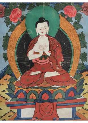 Vintage Vairocana Buddha Thangka | Mounted Brocade Art | Tibetan Wall Decoration
