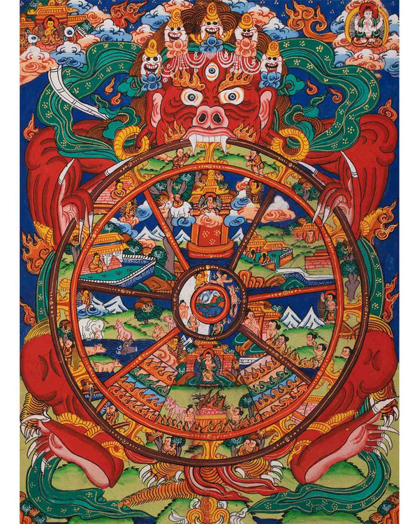 Original Hand Painted Wheel of Life Thangka | Wall Hanging Decoration for Positivity | Tibetan Thangka Art Painting for Yoga And Meditation