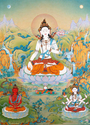 Long-Life Bodhisattva White Tara Thangka, With Namgyalma and Amitayus