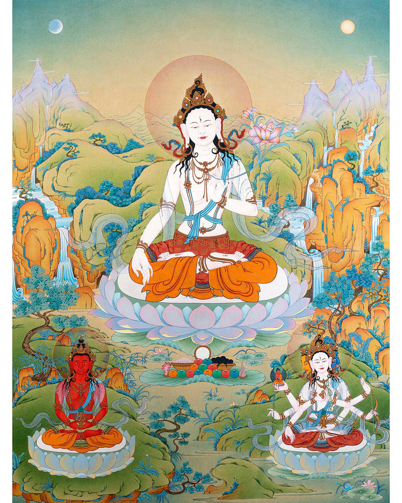 Long-Life Bodhisattva White Tara Thangka, With Namgyalma and Amitayus