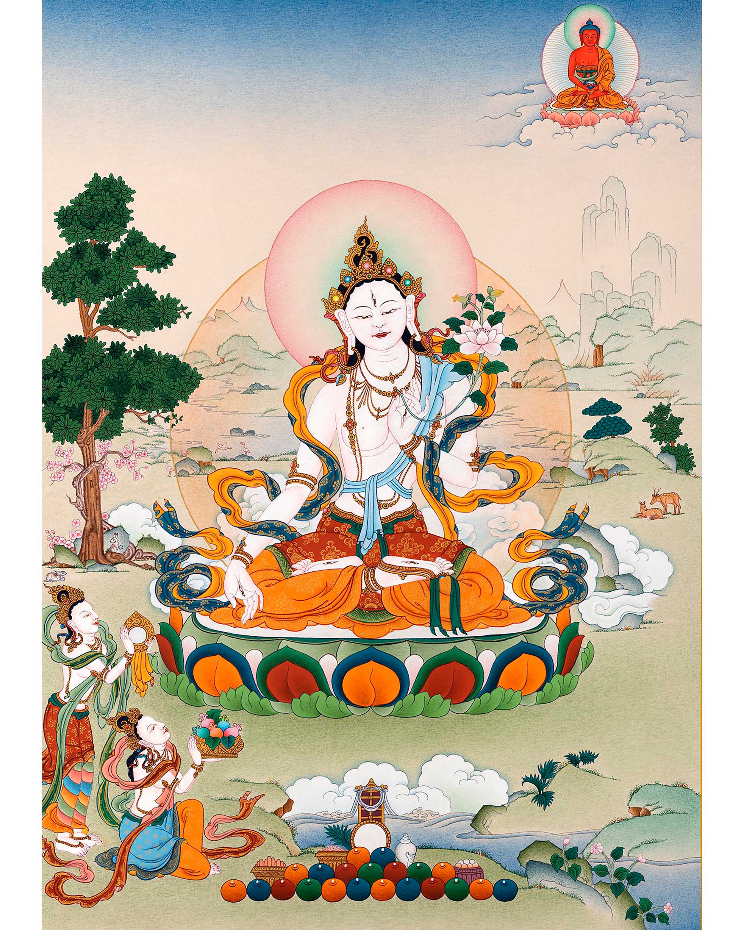 White Tara With Amitabha Buddha Painting | Bodhisattva Art Of Long Lif