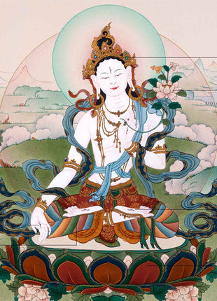 White Tara Goddess Thangka | Traditionally Hand Painted Buddhist Art