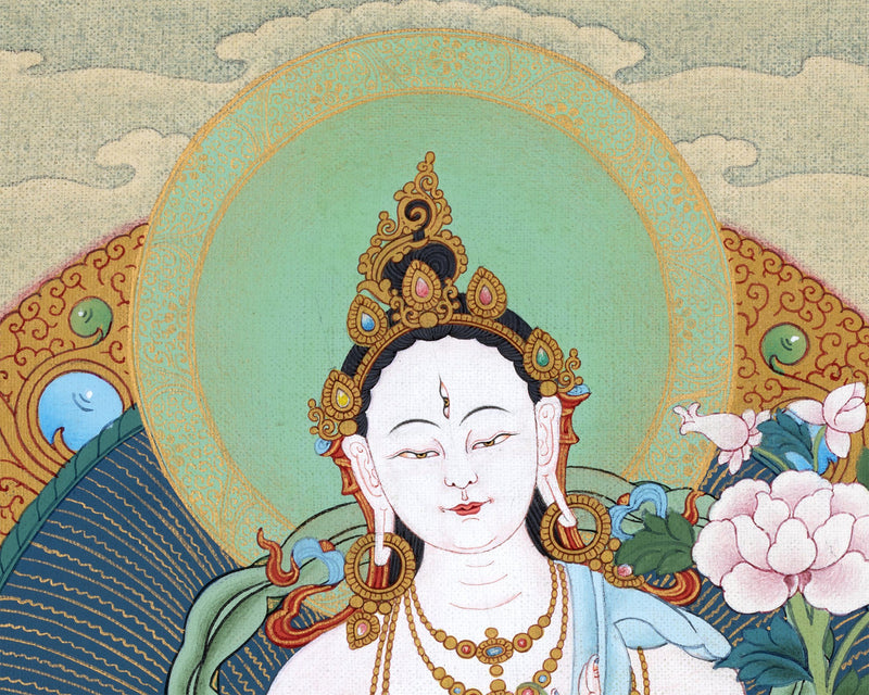 White Tara Thangka | Hand-Painted Drolma Painting | Female Bodhisattva