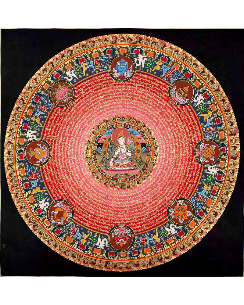 White Tara Mantra Mandala Thangka | Sacred Thangka Painting