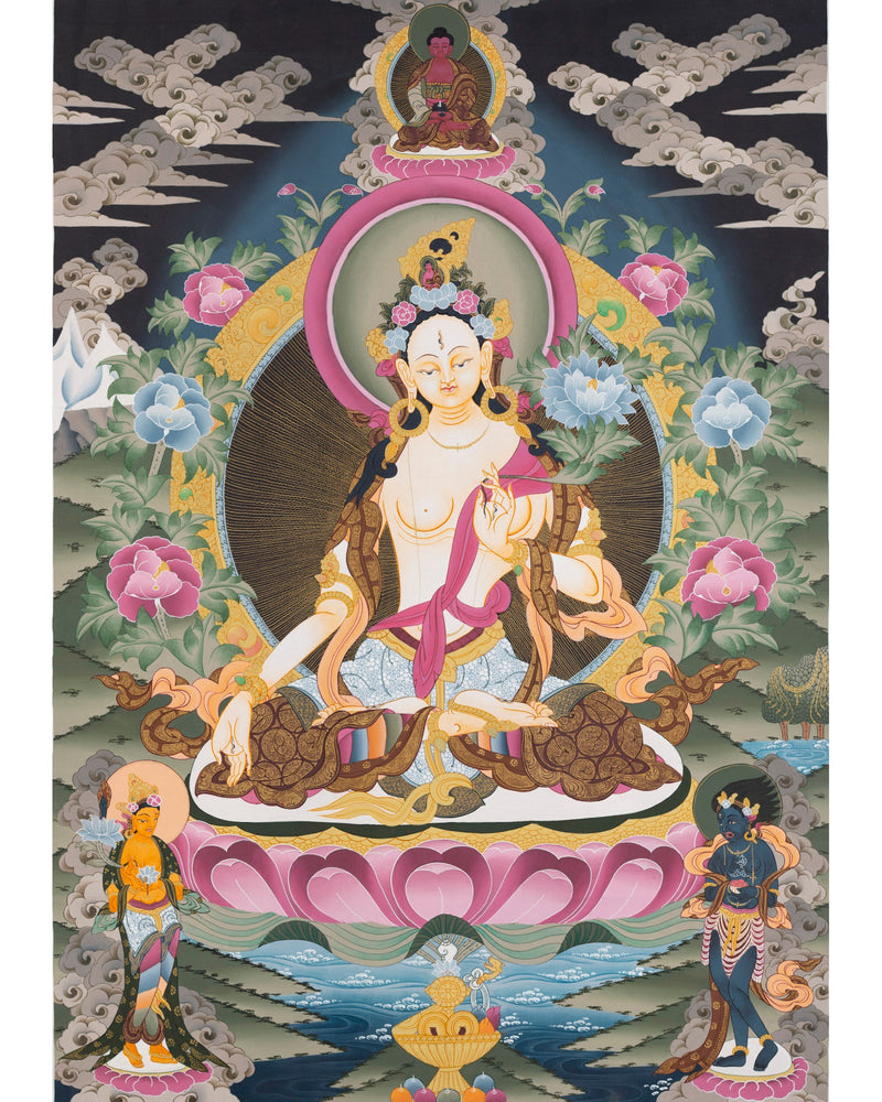 White Tara Thangka Painting | Female Bodhisattva Art | Religious Wall Art