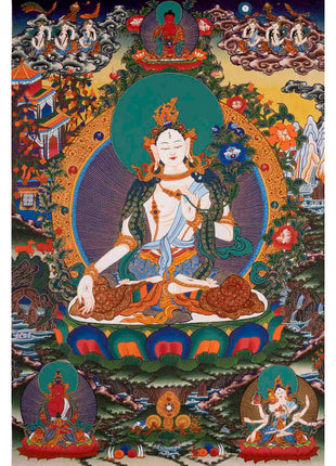 White Tara Thangka | Handpainted Female Bodhisattva | Wall Decors