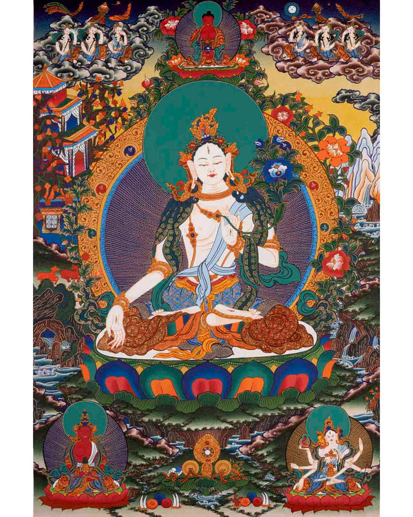 White Tara Thangka | Handpainted Female Bodhisattva | Wall Decors