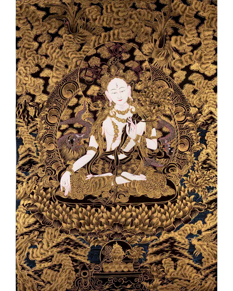 24K Gold White Tara Thangka | Female Bodhisattva | Tibetan Traditional Painting