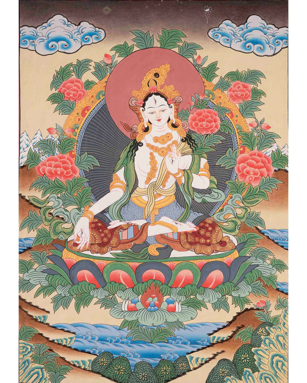 White Tara Thangka | Traditional Tibetan Art | Wall Decor